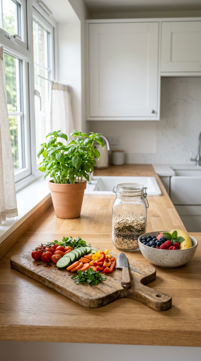 Bright kitchen bench with sliced vegetables, oats, fresh fruit and a potted herb