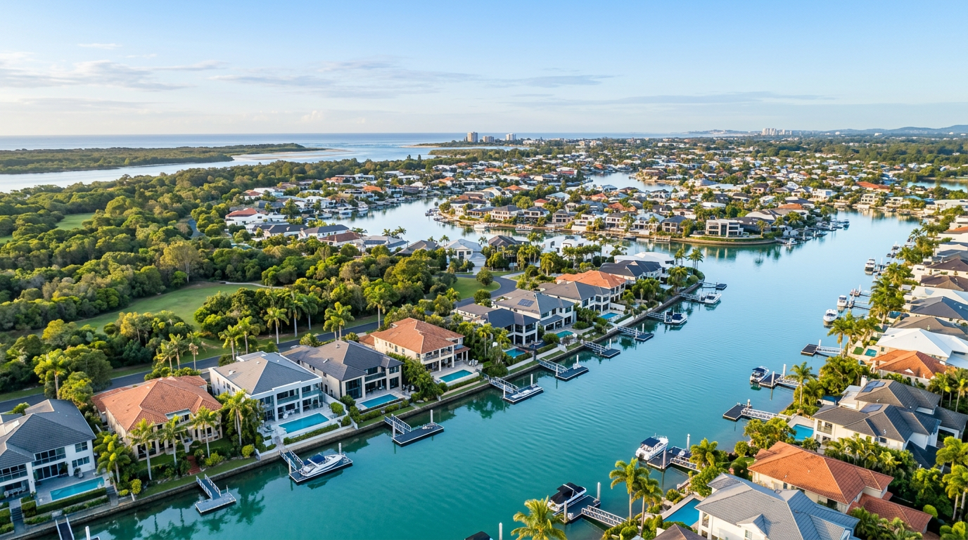 Aerial view of a calm Gold Coast waterway with parkland and palm trees