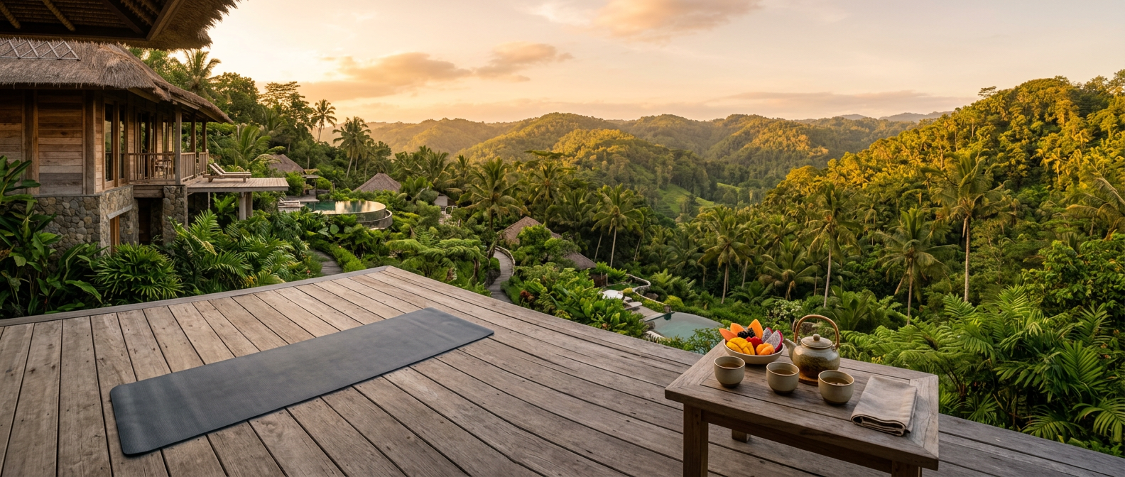 Timber deck with a yoga mat and a set table overlooking green subtropical hills